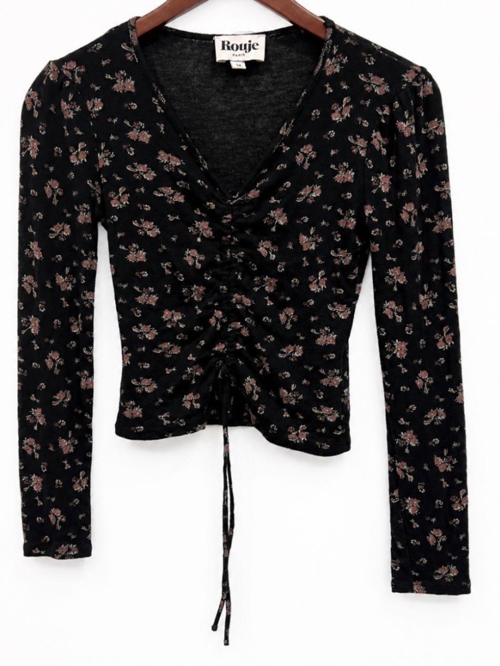 Rouje Paris Floral Crop Top Long Sleeves Ruched Gathered Drawstring Tie 34/2/XS